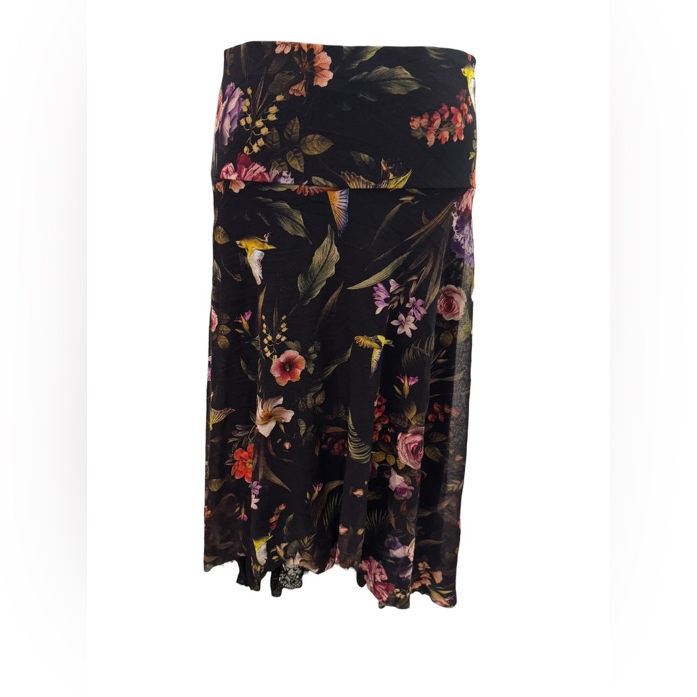 Fuzzi Made in Italy Floral Bird Midi Skirt Black Lace Hem Large